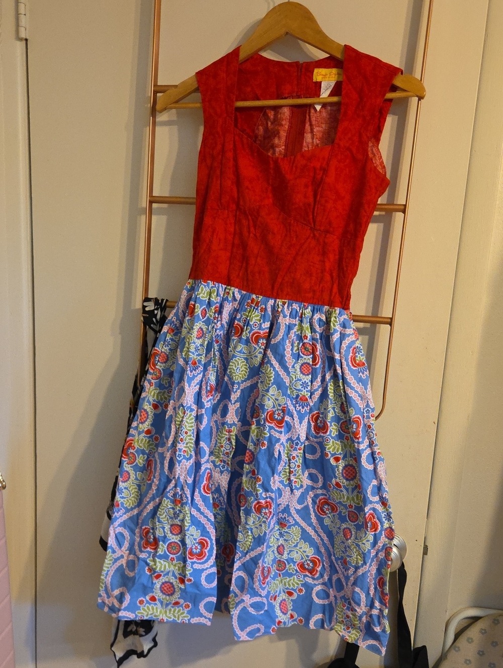 Bernie Dexter Sugar Doll Style Red Bodice Blue Floral Skirt Dress